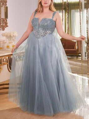 Smoky Blue Sequin Sparkle Tulle Formal Prom A-line Dress 18
